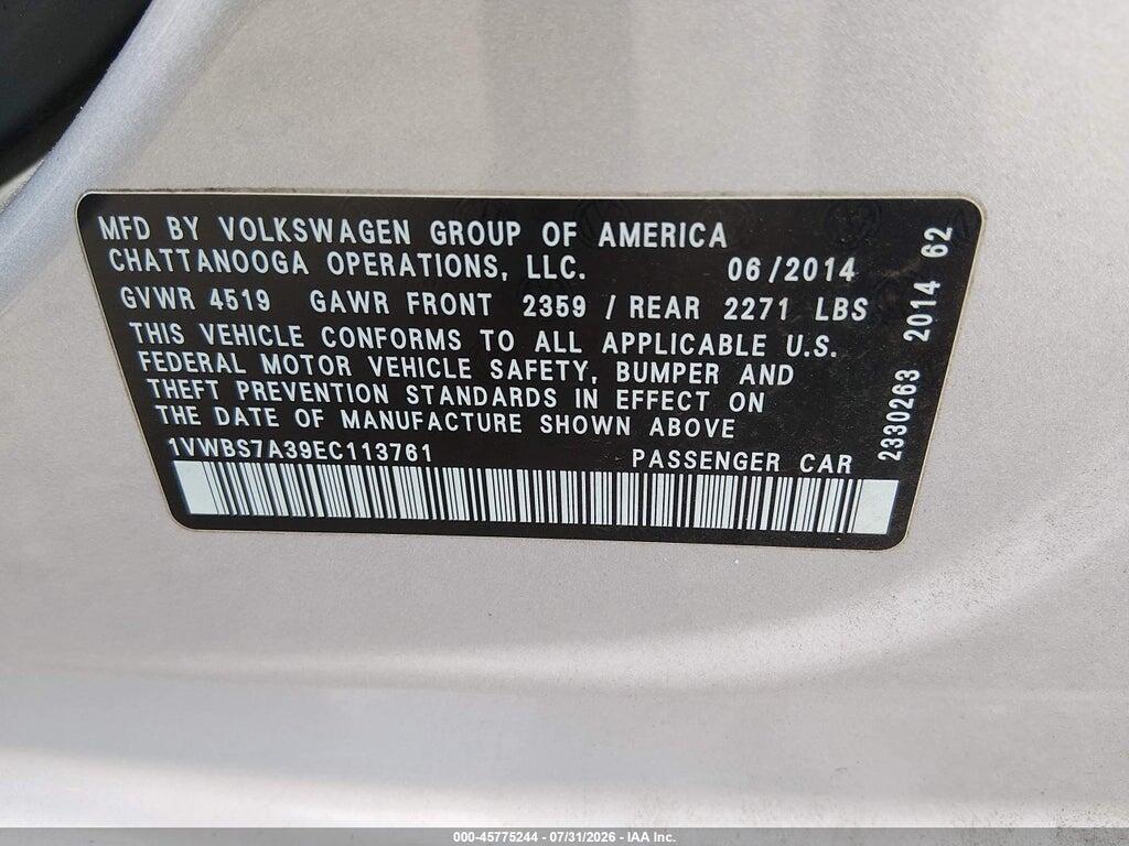 1VWBS7A39EC113761 2014 VOLKSWAGEN PASSAT photo no. 9