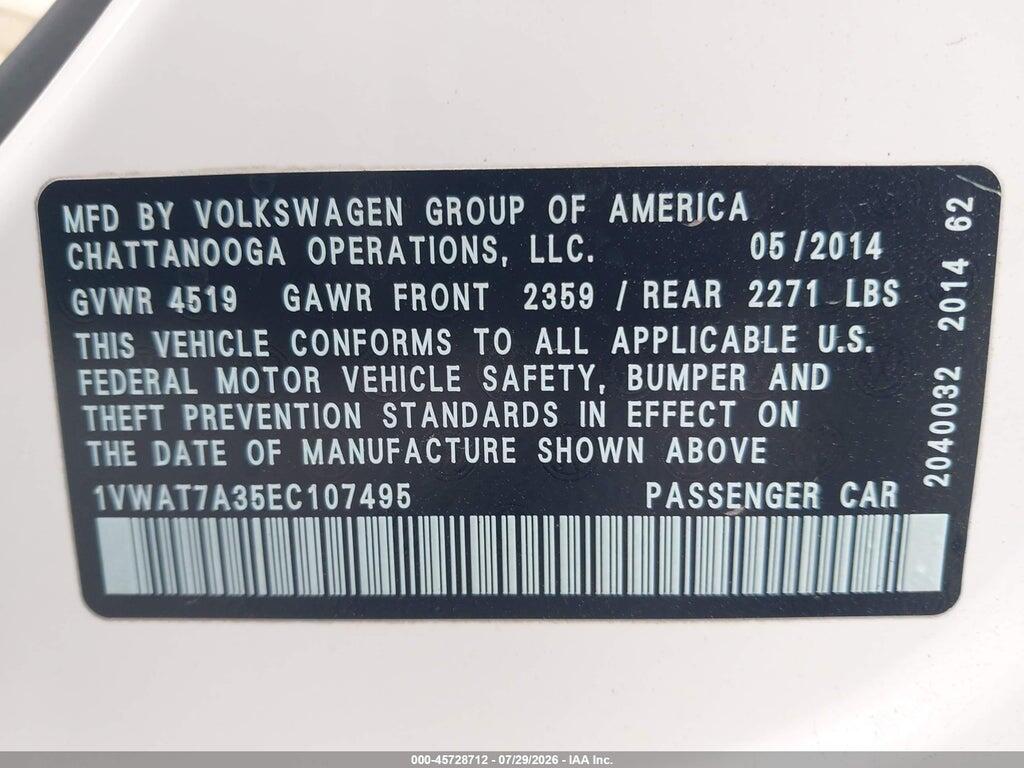 1VWAT7A35EC107495 2014 VOLKSWAGEN PASSAT photo no. 9