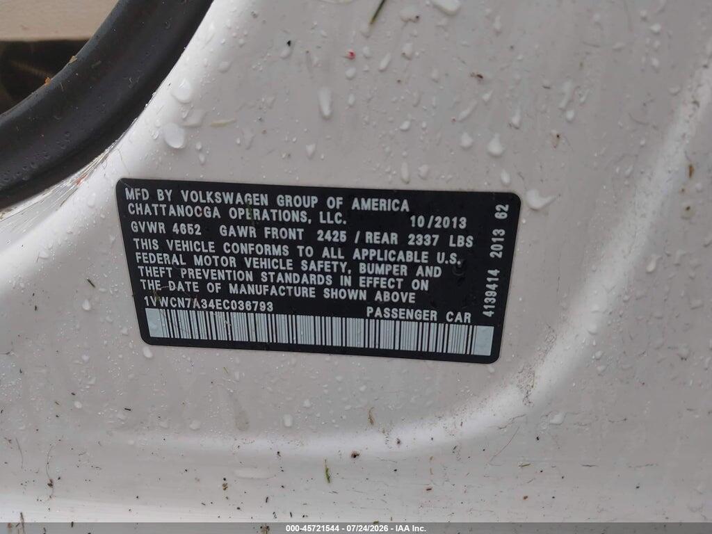 1VWCN7A34EC036793 2014 VOLKSWAGEN PASSAT photo no. 9