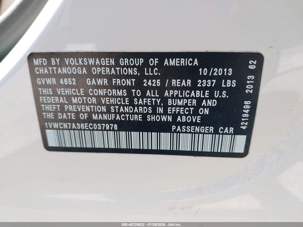 1VWCN7A36EC037976 2014 VOLKSWAGEN PASSAT photo no. 9