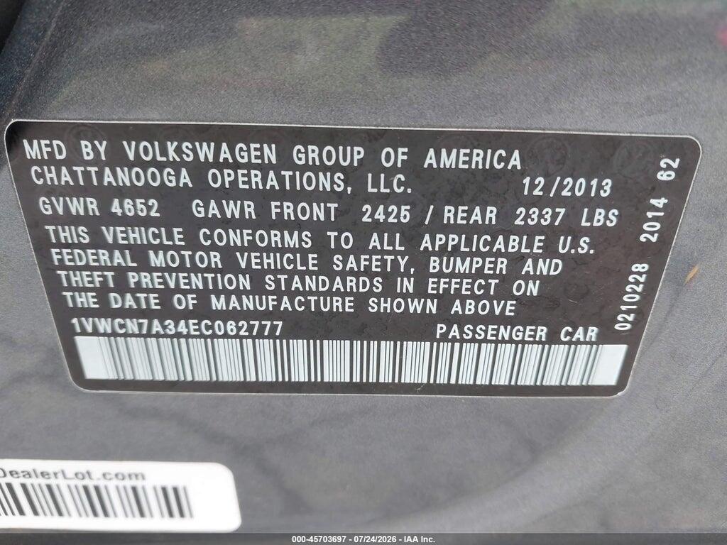 1VWCN7A34EC062777 2014 VOLKSWAGEN PASSAT photo no. 9