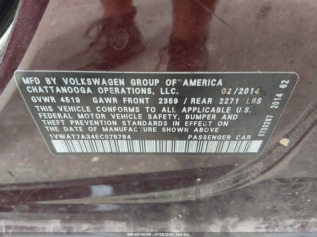 1VWAT7A34EC075784 2014 VOLKSWAGEN PASSAT photo no. 9