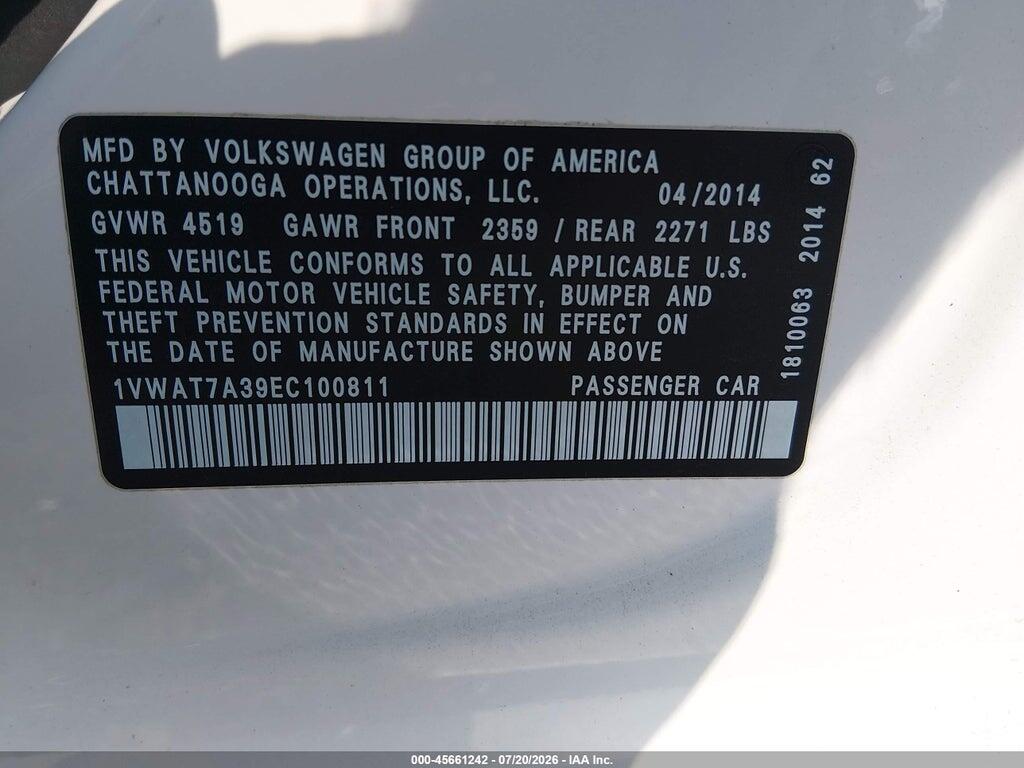 1VWAT7A39EC100811 2014 VOLKSWAGEN PASSAT photo no. 9