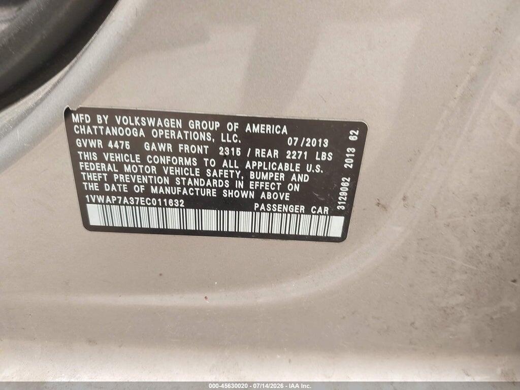 1VWAP7A37EC011632 2014 VOLKSWAGEN PASSAT photo no. 9