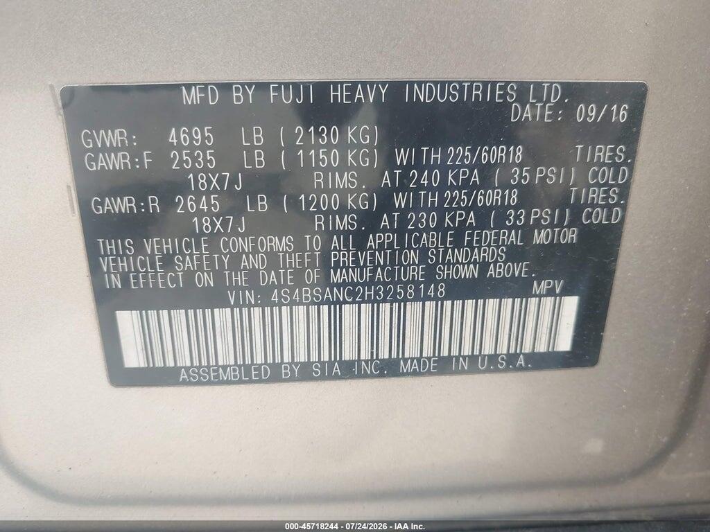 4S4BSANC2H3258148 2017 SUBARU OUTBACK photo no. 9