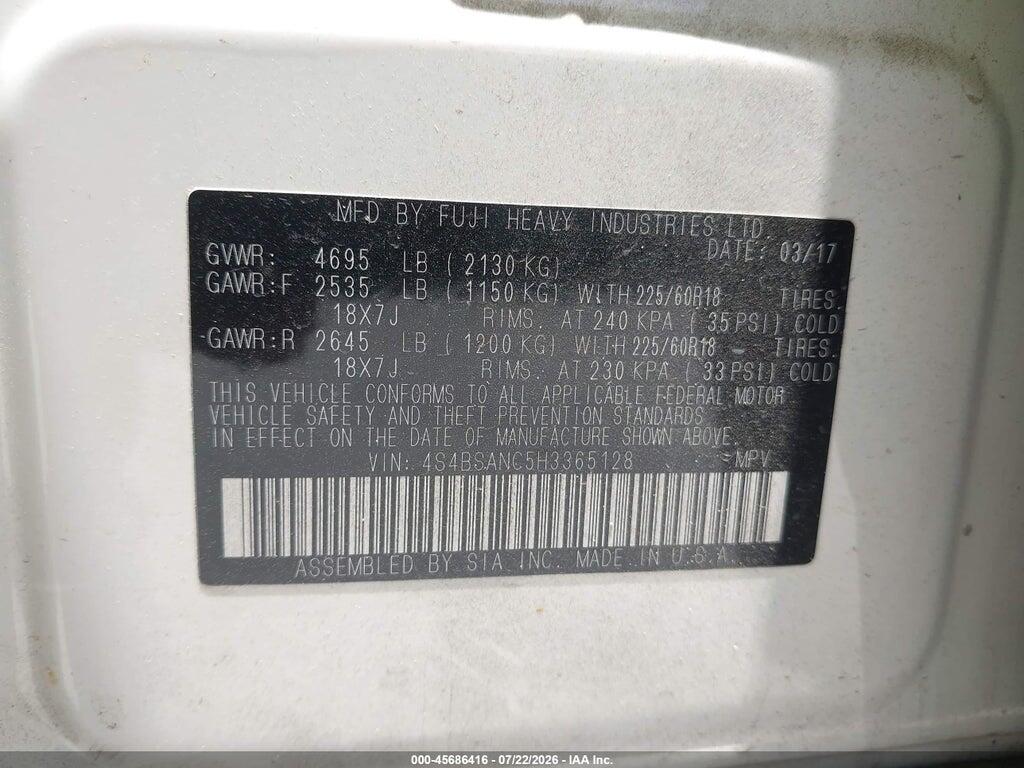 4S4BSANC5H3365128 2017 SUBARU OUTBACK photo no. 9