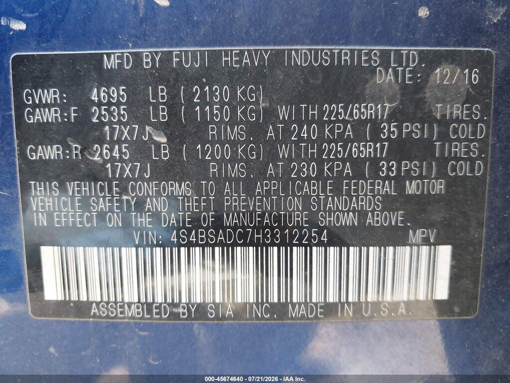 4S4BSADC7H3312254 2017 SUBARU OUTBACK photo no. 9