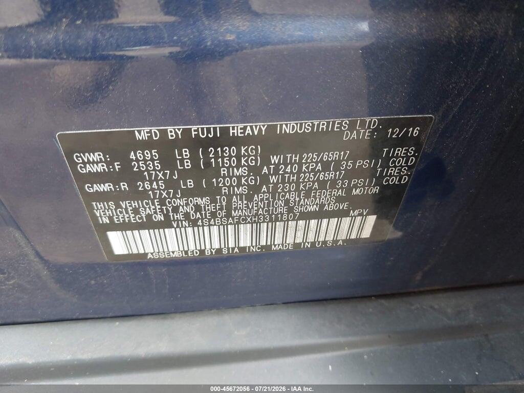 4S4BSAFCXH3311807 2017 SUBARU OUTBACK photo no. 9