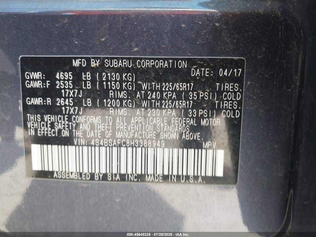 4S4BSAFC8H3388949 2017 SUBARU OUTBACK photo no. 9