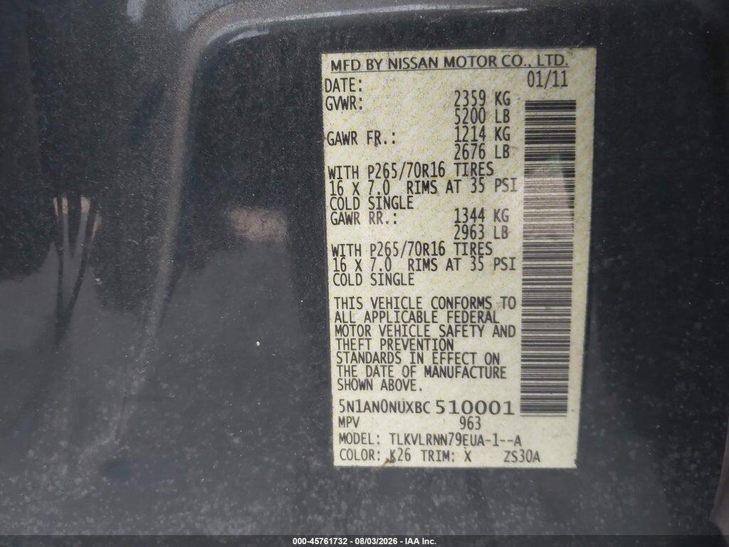 5N1AN0NUXBC510001 2011 NISSAN XTERRA photo no. 9