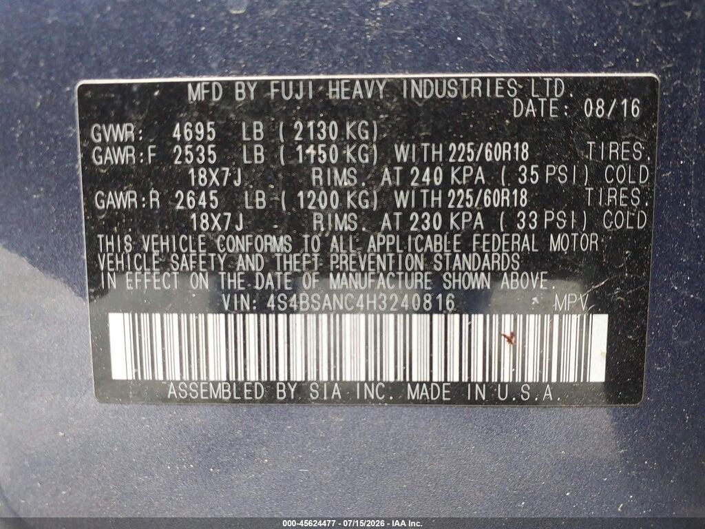 4S4BSANC4H3240816 2017 SUBARU OUTBACK photo no. 9