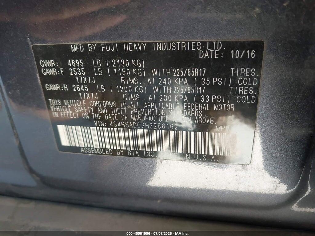 4S4BSADC2H3286162 2017 SUBARU OUTBACK photo no. 9