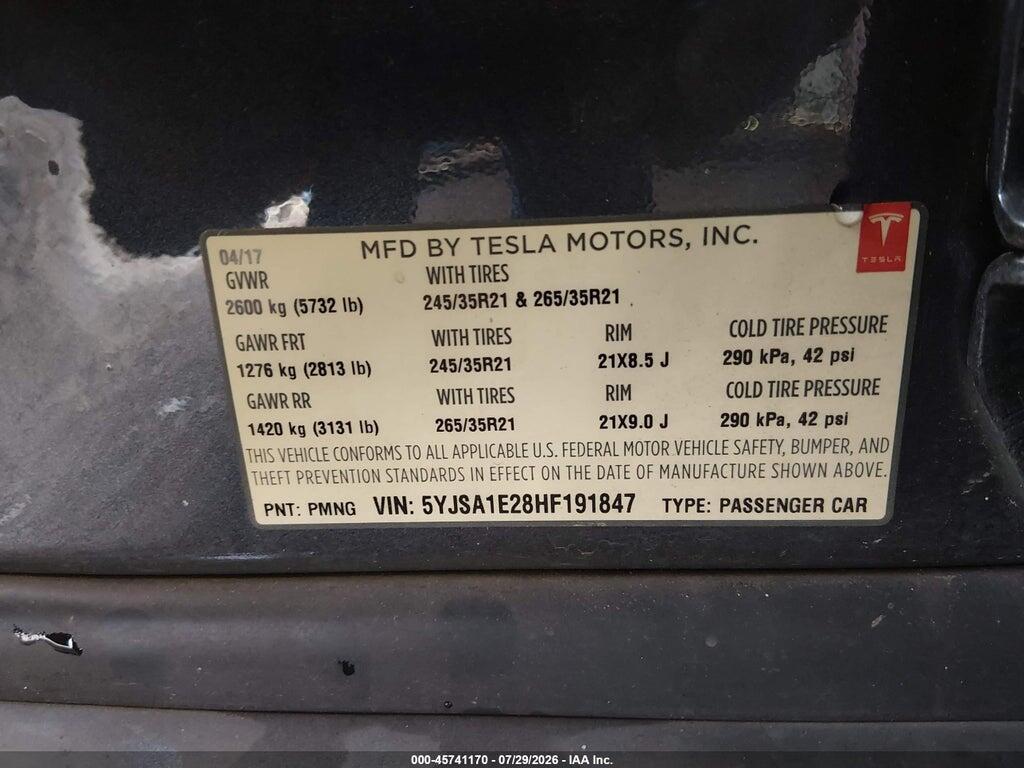5YJSA1E28HF191847 2017 TESLA MODEL S photo no. 9