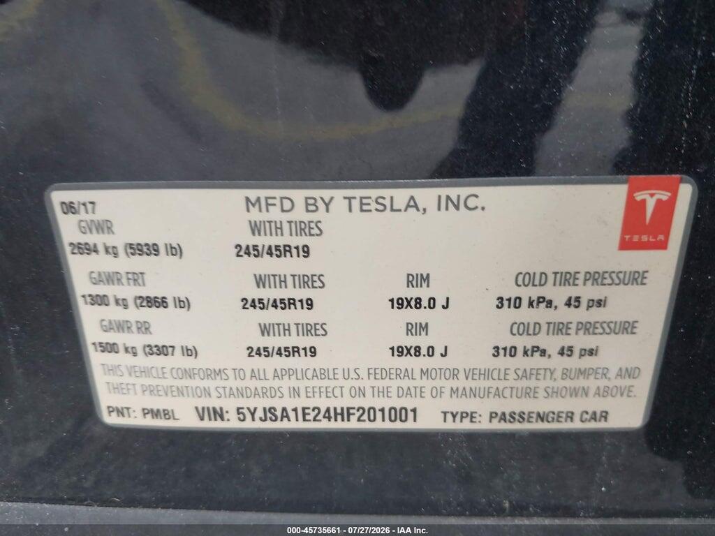 5YJSA1E24HF201001 2017 TESLA MODEL S photo no. 9