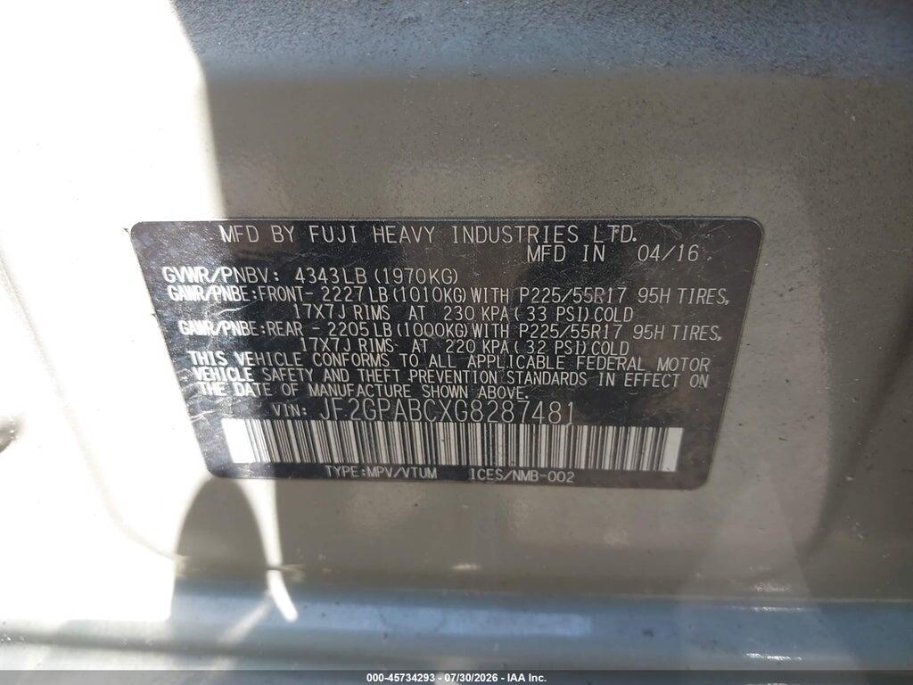 JF2GPABCXG8287481 2016 SUBARU CROSSTREK photo no. 9