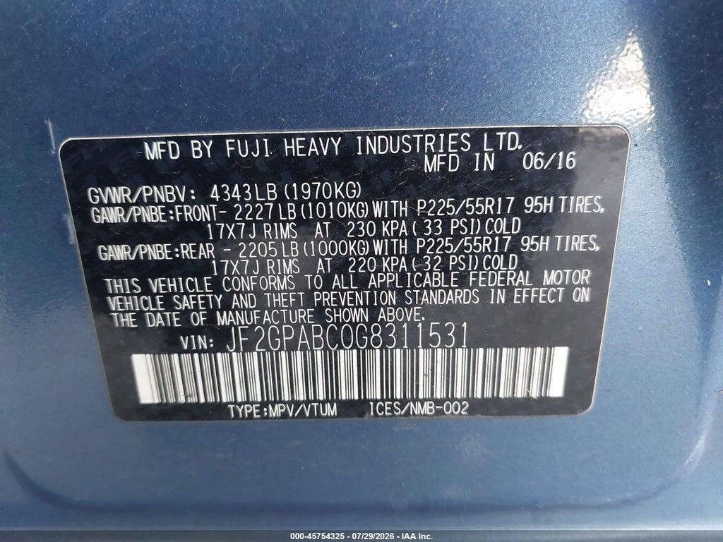 JF2GPABC0G8311531 2016 SUBARU CROSSTREK photo no. 9