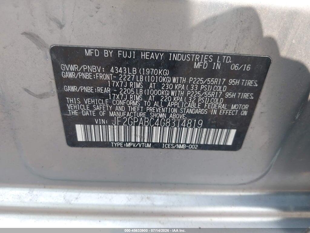JF2GPABC4G8314819 2016 SUBARU CROSSTREK photo no. 9
