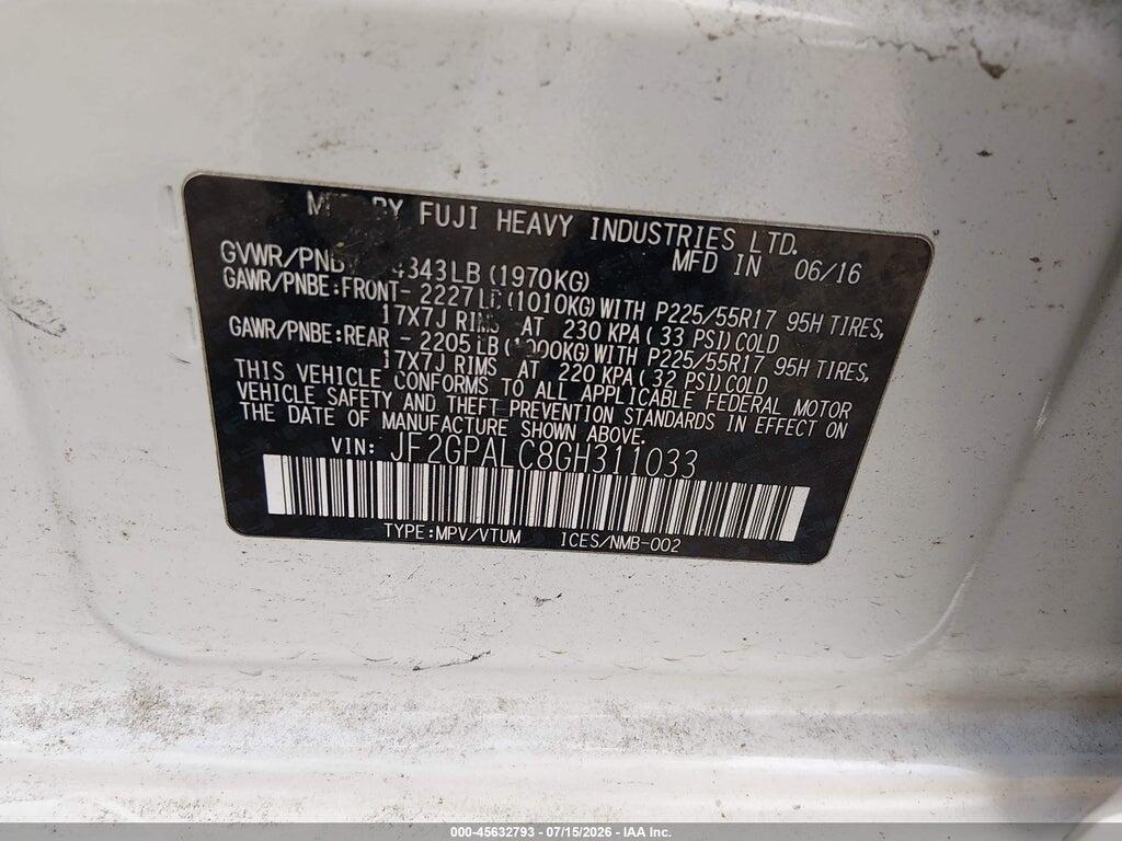 JF2GPALC8GH311033 2016 SUBARU CROSSTREK photo no. 9