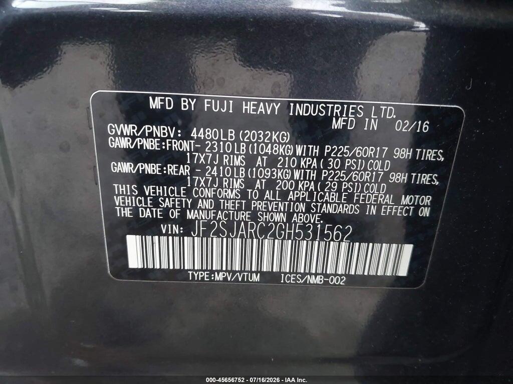 JF2SJARC2GH531562 2016 SUBARU FORESTER photo no. 9