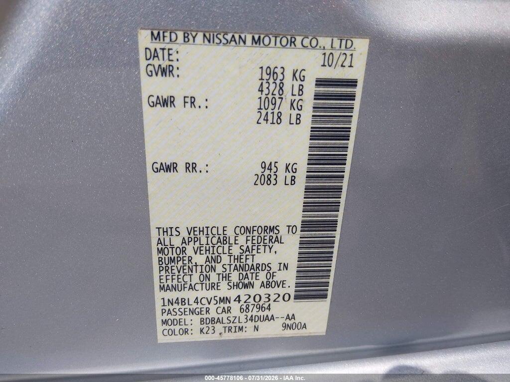 1N4BL4CV5MN420320 2021 NISSAN ALTIMA photo no. 9