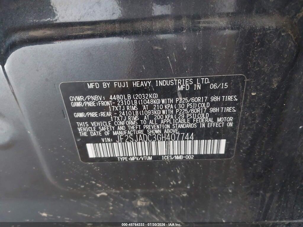JF2SJADC3GH407744 2016 SUBARU FORESTER photo no. 9