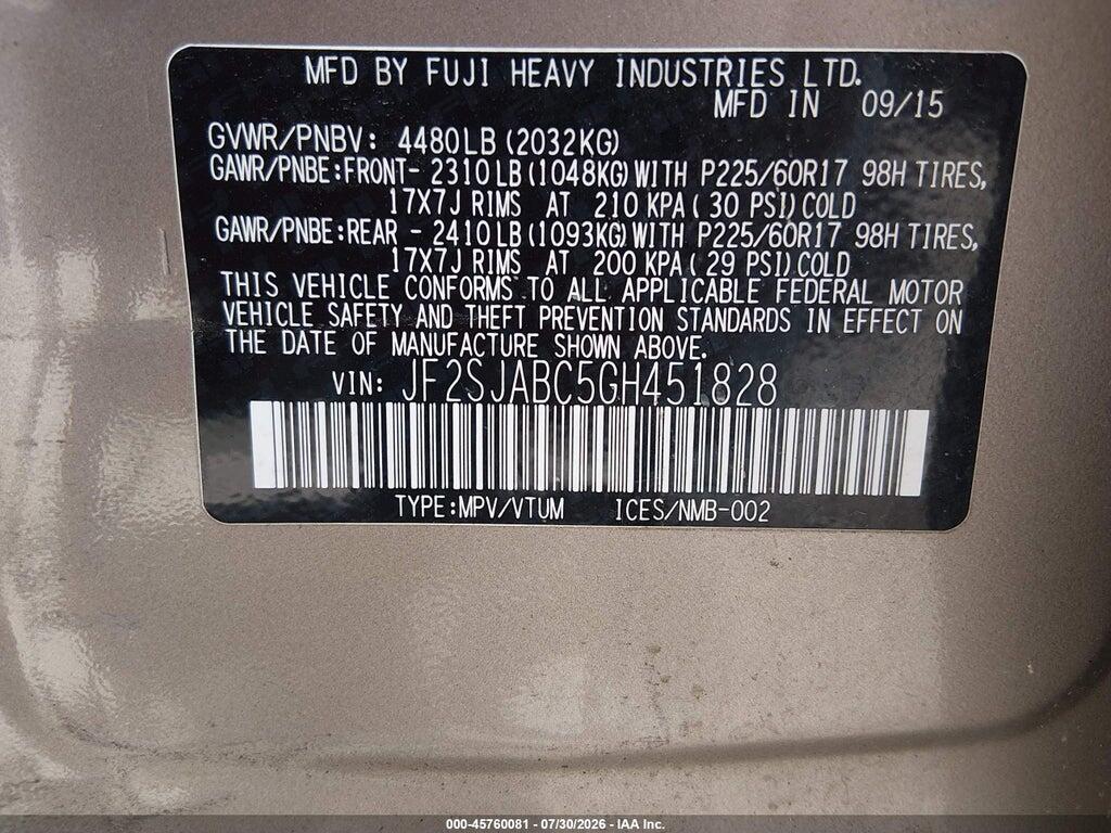 JF2SJABC5GH451828 2016 SUBARU FORESTER photo no. 9