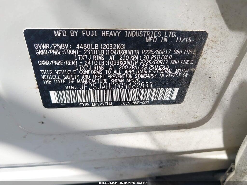 JF2SJAHC0GH482833 2016 SUBARU FORESTER photo no. 9