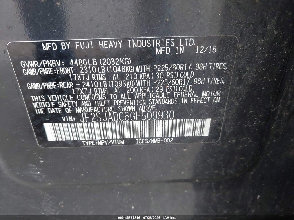 JF2SJADC6GH509930 2016 SUBARU FORESTER photo no. 9