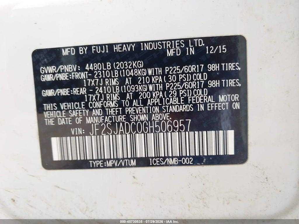 JF2SJADC0GH506957 2016 SUBARU FORESTER photo no. 9