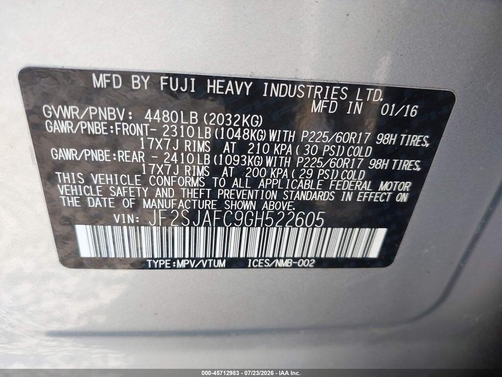 JF2SJAFC9GH522605 2016 SUBARU FORESTER photo no. 9