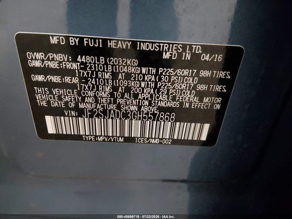 JF2SJADC3GH557868 2016 SUBARU FORESTER photo no. 9