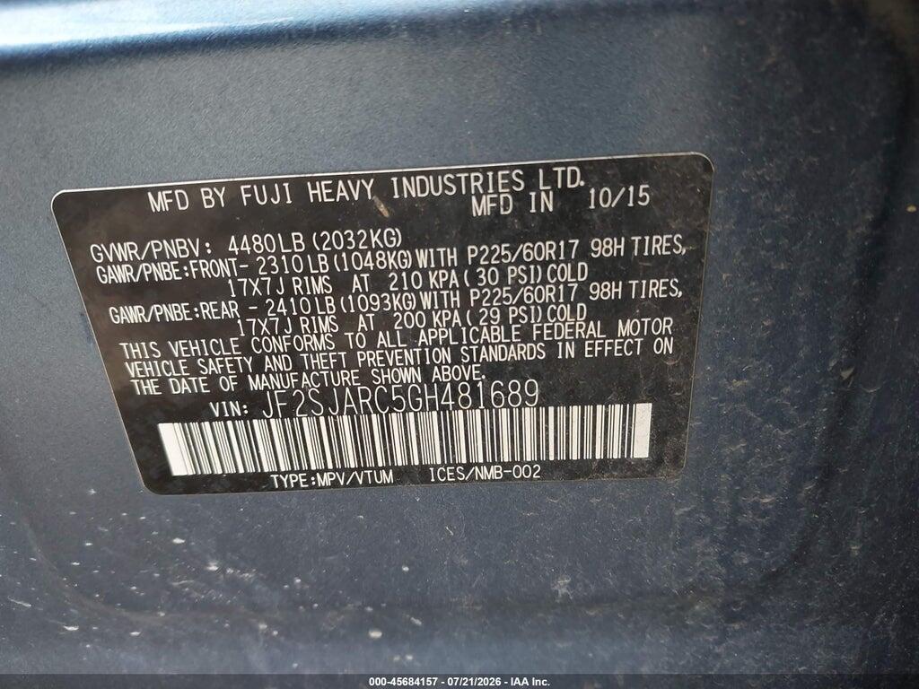 JF2SJARC5GH481689 2016 SUBARU FORESTER photo no. 9