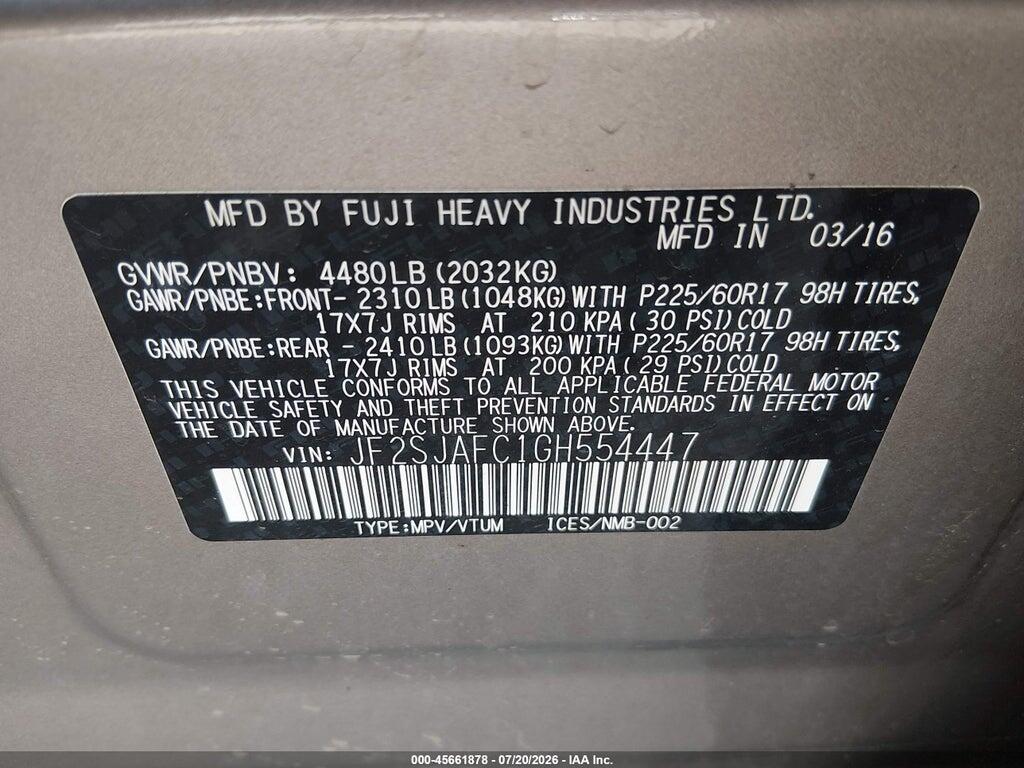 JF2SJAFC1GH554447 2016 SUBARU FORESTER photo no. 9