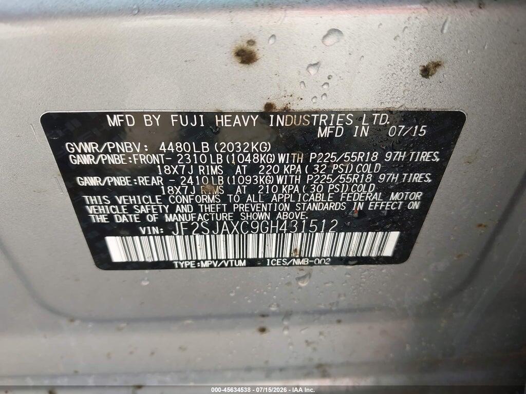 JF2SJAXC9GH431512 2016 SUBARU FORESTER photo no. 9