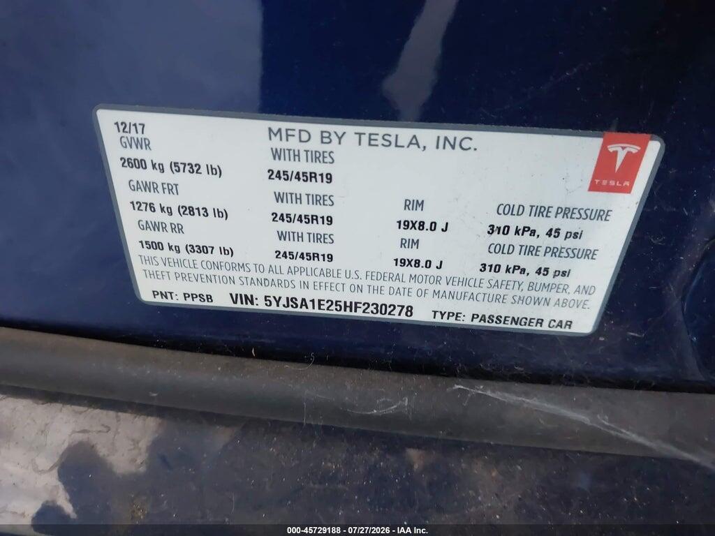 5YJSA1E25HF230278 2017 TESLA MODEL S photo no. 9