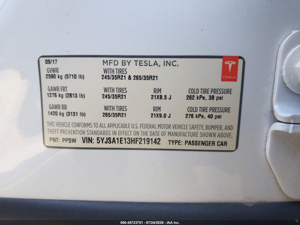 5YJSA1E13HF219142 2017 TESLA MODEL S photo no. 9