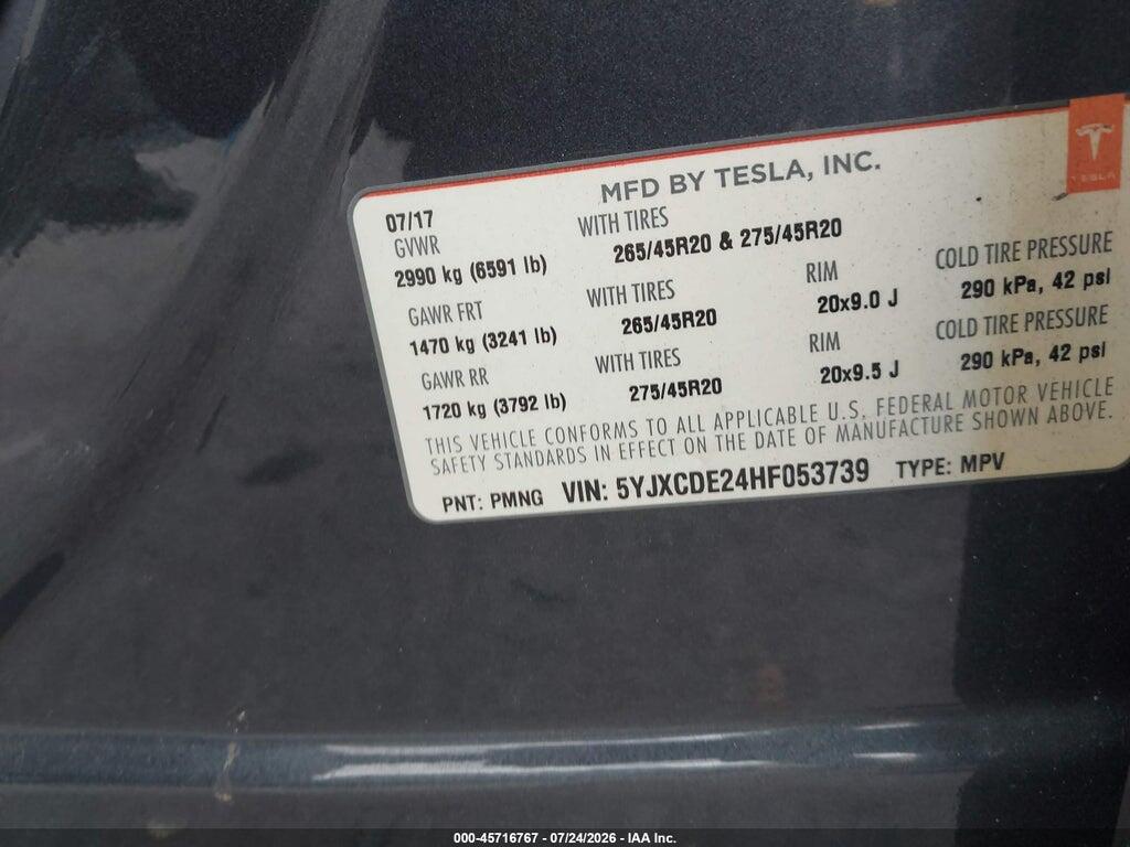 5YJXCDE24HF053739 2017 TESLA MODEL X photo no. 9