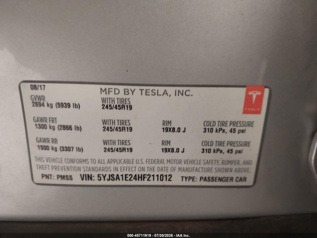 5YJSA1E24HF211012 2017 TESLA MODEL S photo no. 9