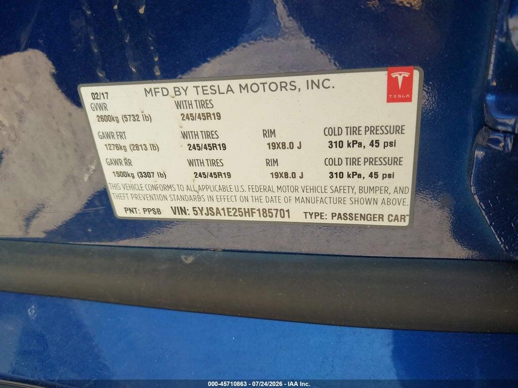 5YJSA1E25HF185701 2017 TESLA MODEL S photo no. 9