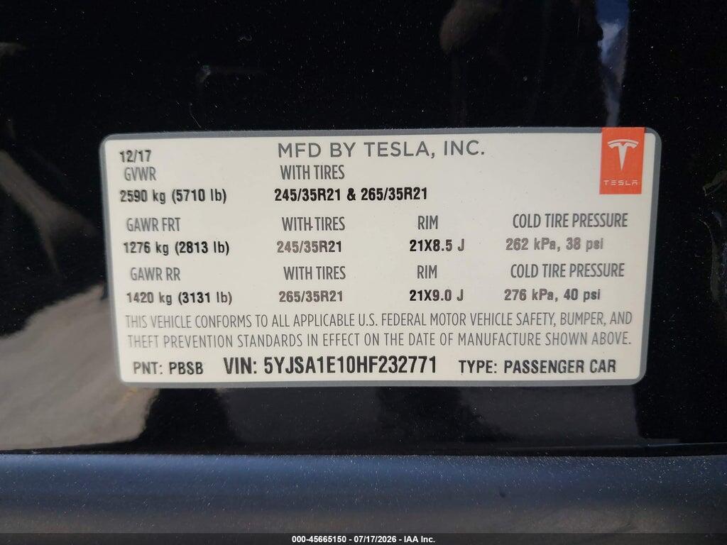 5YJSA1E10HF232771 2017 TESLA MODEL S photo no. 9