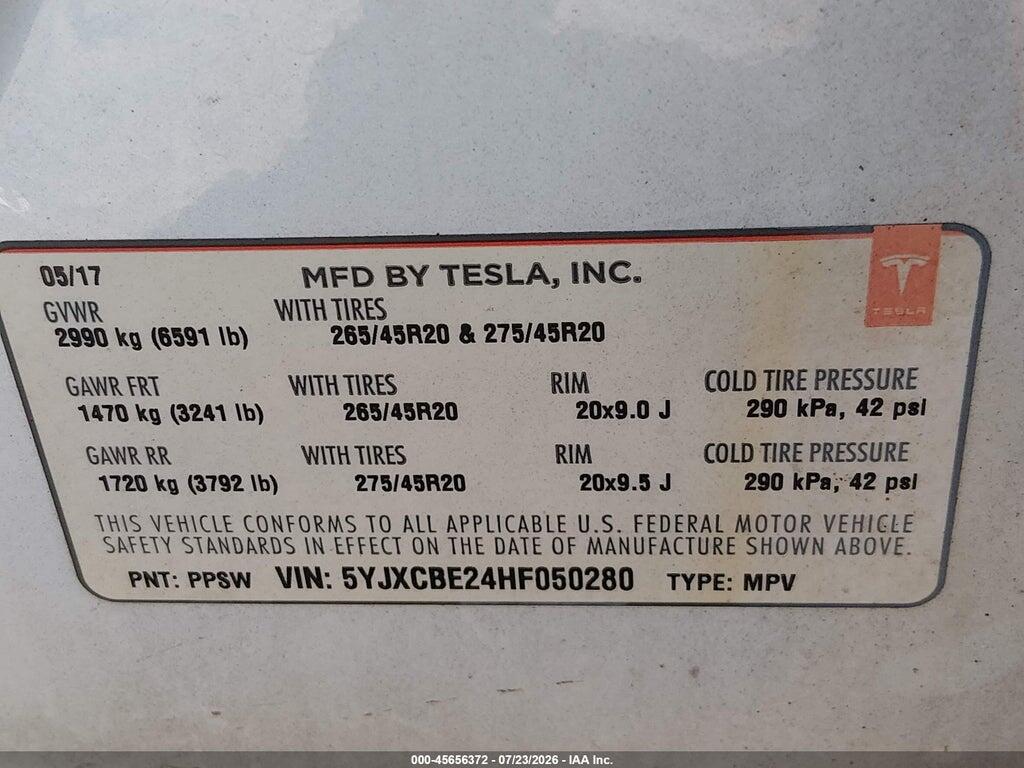 5YJXCBE24HF050280 2017 TESLA MODEL X photo no. 9