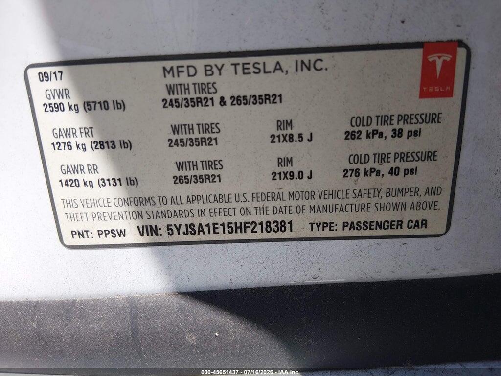 5YJSA1E15HF218381 2017 TESLA MODEL S photo no. 9