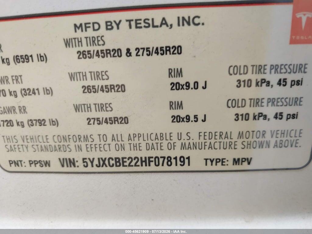 5YJXCBE22HF078191 2017 TESLA MODEL X photo no. 9