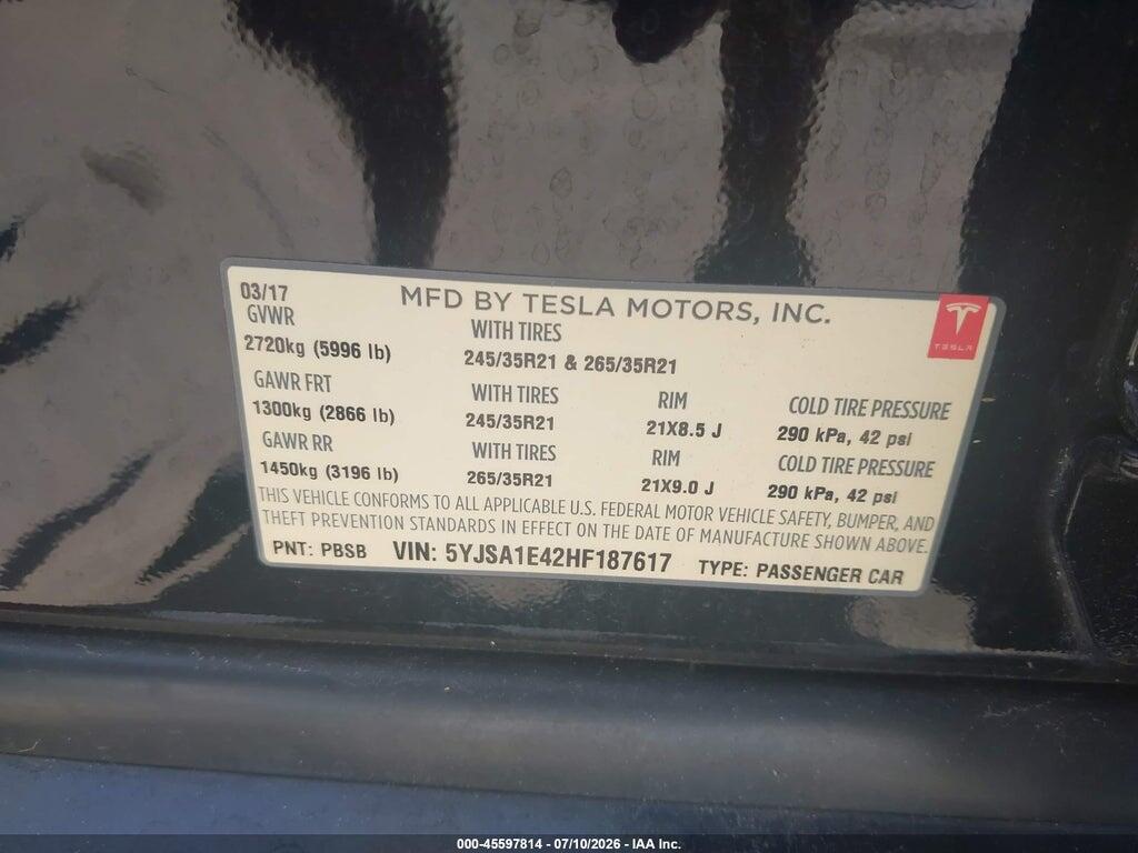 5YJSA1E42HF187617 2017 TESLA MODEL S photo no. 9