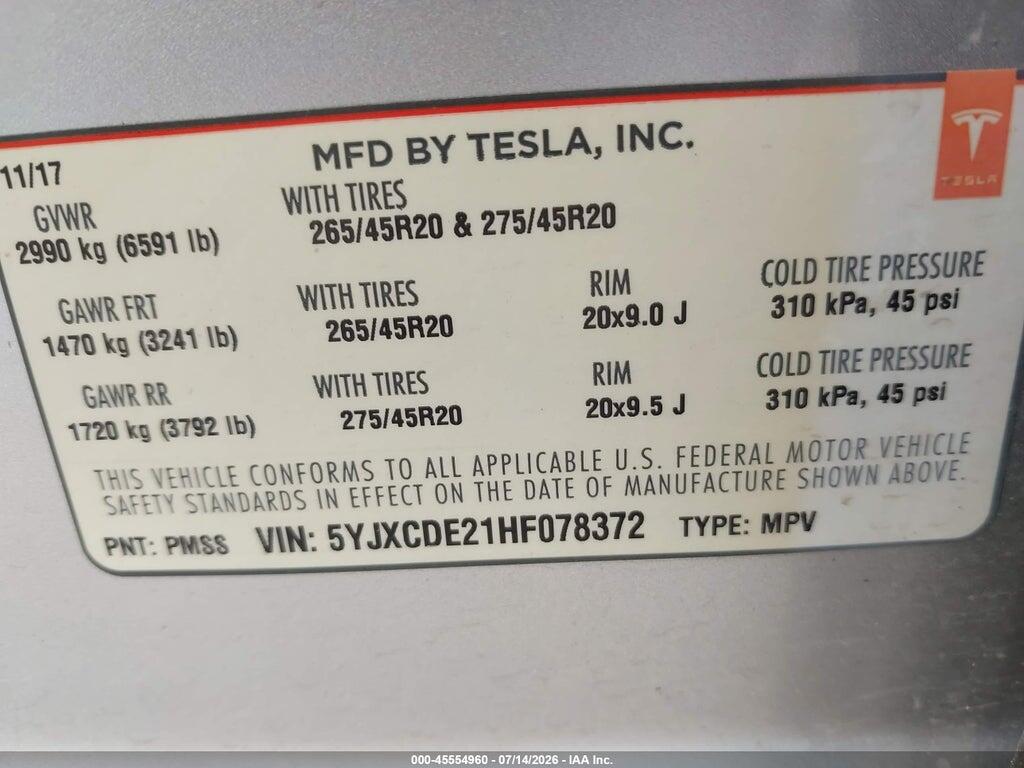 5YJXCDE21HF078372 2017 TESLA MODEL X photo no. 9