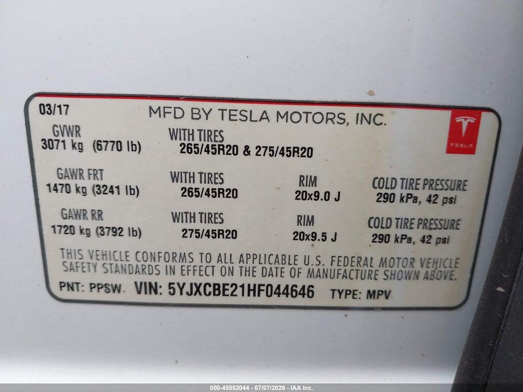 5YJXCBE21HF044646 2017 TESLA MODEL X photo no. 9