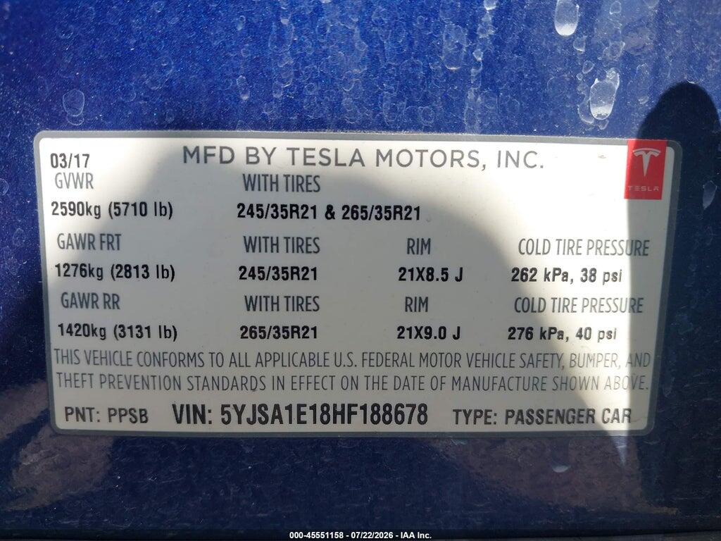 5YJSA1E18HF188678 2017 TESLA MODEL S photo no. 9