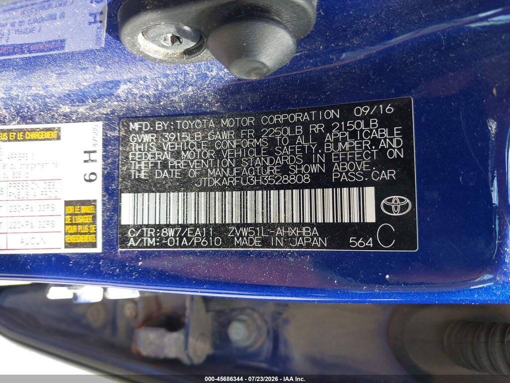 JTDKARFU3H3528808 2017 TOYOTA PRIUS photo no. 9