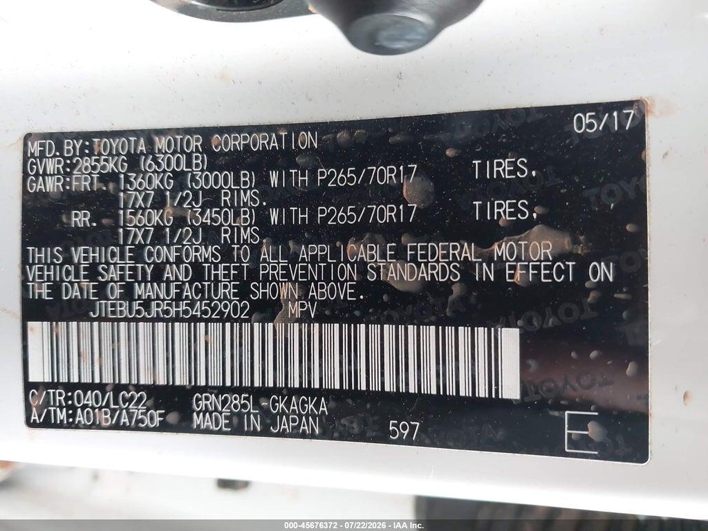 JTEBU5JR5H5452902 2017 TOYOTA 4RUNNER photo no. 9