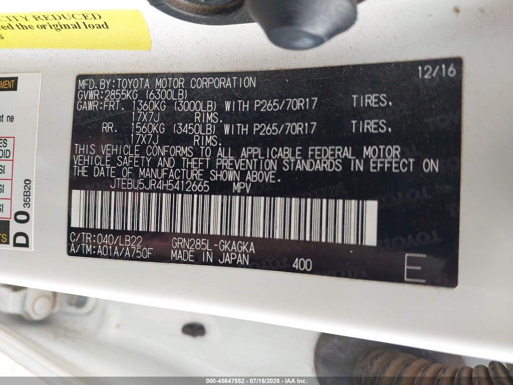 JTEBU5JR4H5412665 2017 TOYOTA 4RUNNER photo no. 9
